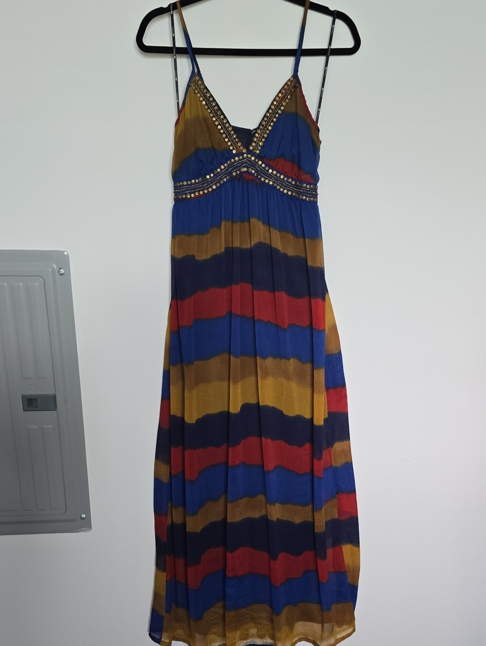Forever 21 Striped Beaded V‑Neck Maxi Dress in Blue, Red & Mustard